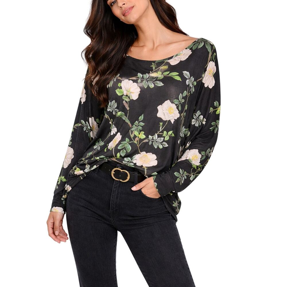 H&M Black Floral Long Sleeve Viscose Jersey Top S